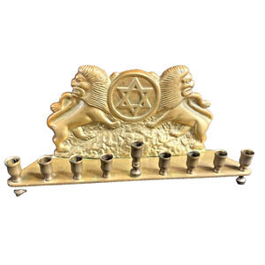 Solid Brass Hanukkah Chanukah Menorah Lions Of Judah Judaica Judaism 9.5"x4.5"x2
